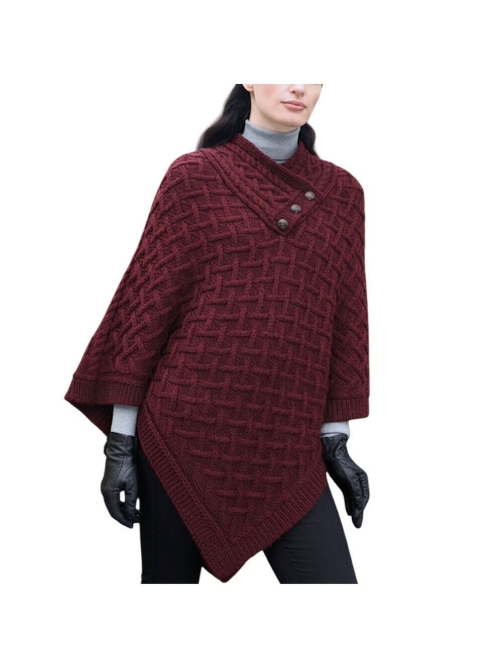 NWT Aran Mor Ireland merino wool super soft lattice stitch poncho cape burgundy